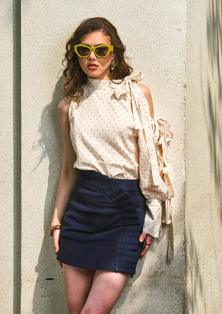 Off White One shoulder Cut Out sleeves Top And Denim Skorts Set IKI CHIC Private Ltd