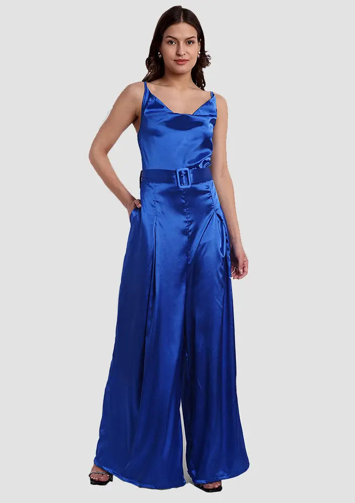 Blue Satin Cowl Neck Strappy Jumpsuit IKI CHIC