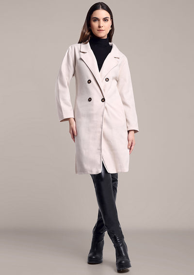 Off-White Woolen Over Coat with Brown Buttons