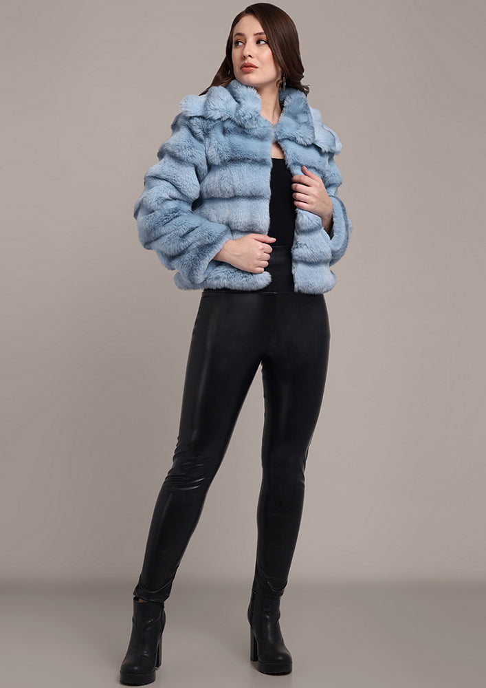 Sky Blue Chinchilla Design Faux Fur Jacket IKI CHIC Private Ltd.