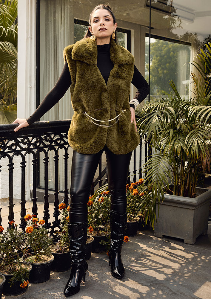 Olive Green Fur Jacket With Statement Belt
