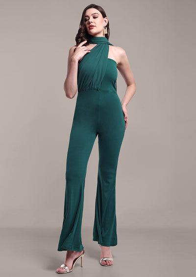 Green Tube-Style Bootleg Jumpsuit with Neck Drape