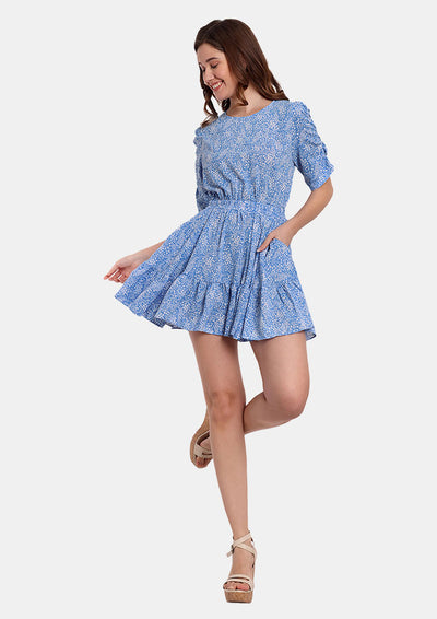 Blue Printed Romper With An Elasticated Waist And Ruffle Detailing