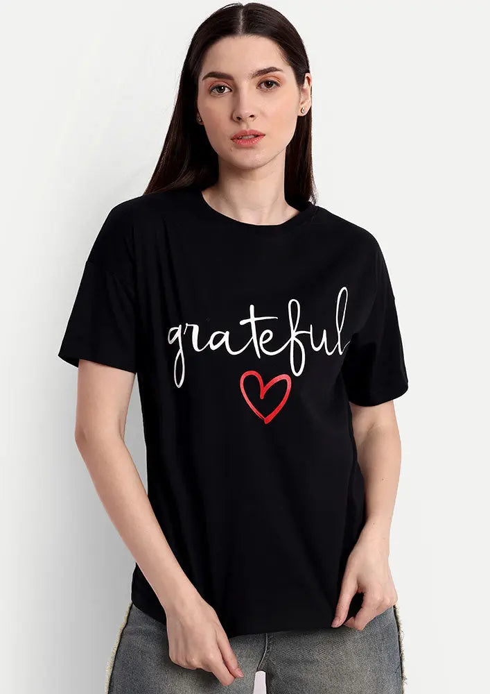 Black Grateful Print Short Sleeve T-Shirt IKI CHIC Private Ltd