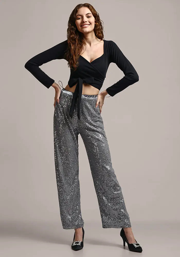 Silver Grey Sequin Wide Leg Pants IKI CHIC