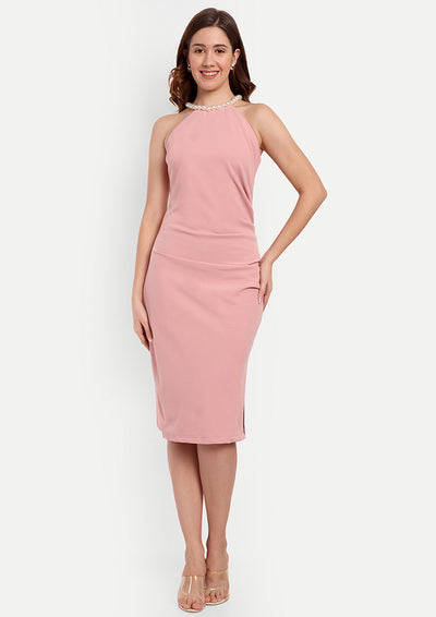 Pink Bodycon Midi Dress With A Halter Neck And Draped Detailing