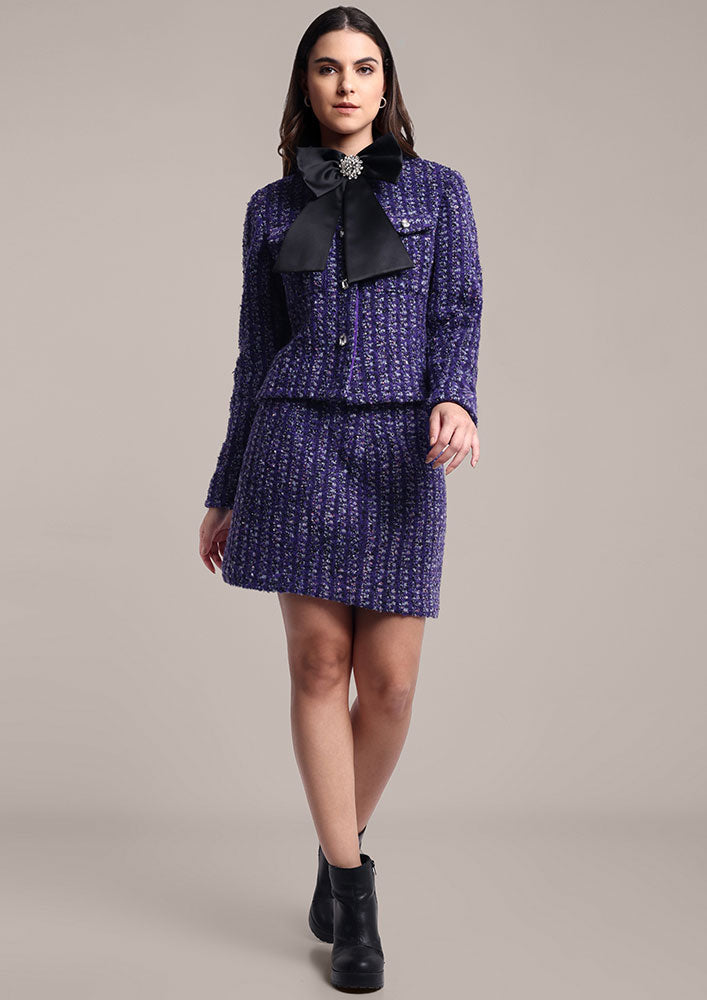 Purple Tweed Jacket with Swarovski Bow & Skirt Co-Ord Set