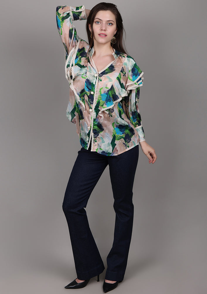 Beige printed chiffon ruffle shirt with lace and pearl buttons