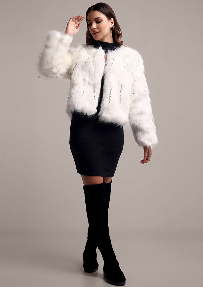 White Fur Jacket with Metallic Fringes