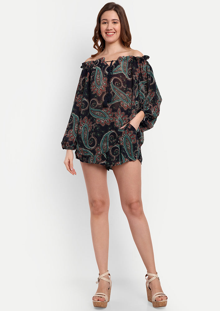 Printed Off-Shoulder Full Sleeves Blouse With High Waisted Shorts