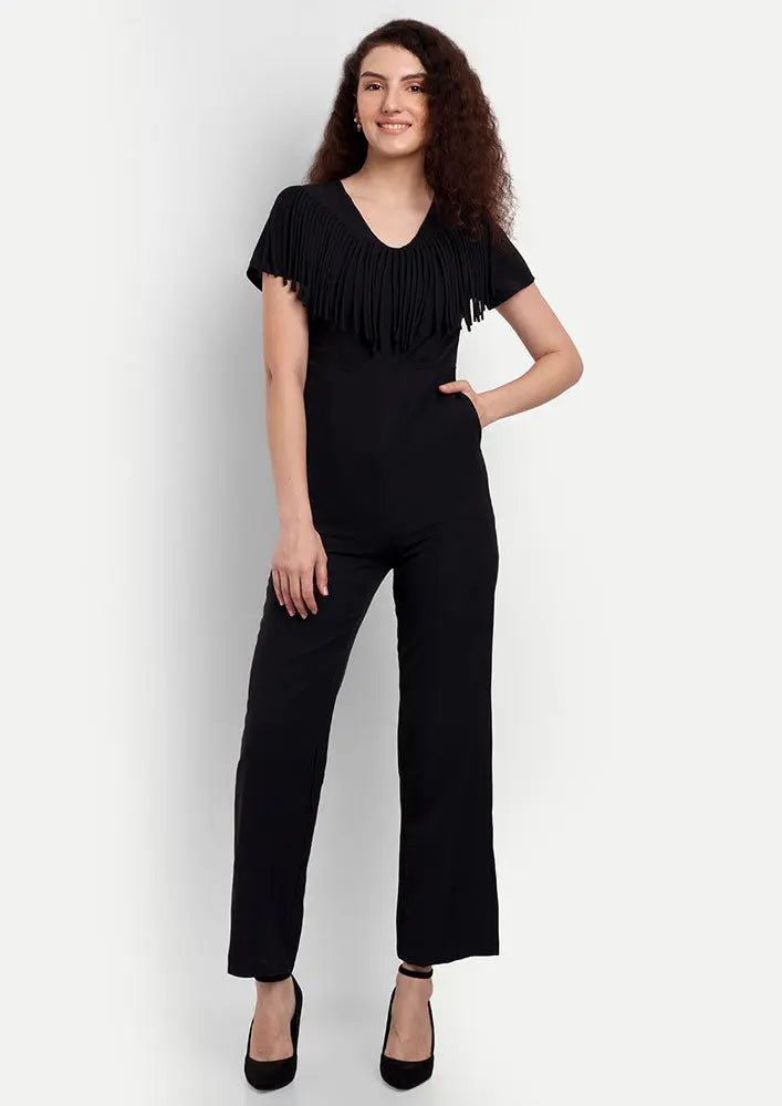 Black High Waisted Jumpsuit With V-Neckline And Fringe Detailing IKI CHIC Private Ltd