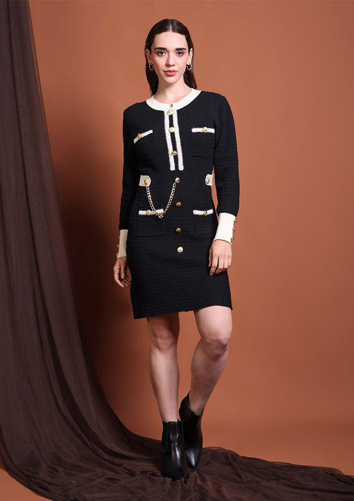 Black Textured Mini Dress with Gold Button Detail