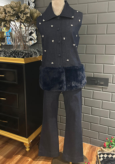 Swarovski-Embellished Denim Vest with Fur