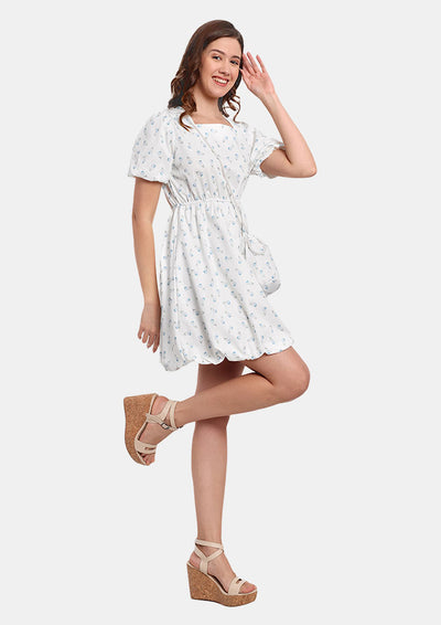 White Floral Printed Skater Dress With Short Puff Sleeves