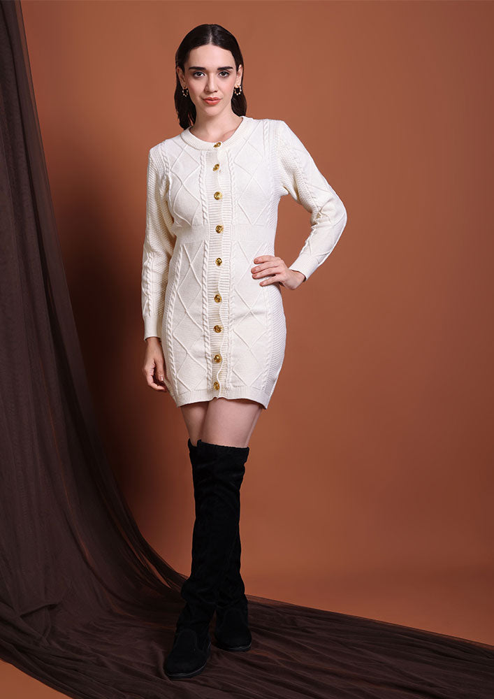 Ivory Cable-Knit Mini Dress with Gold Button Detail