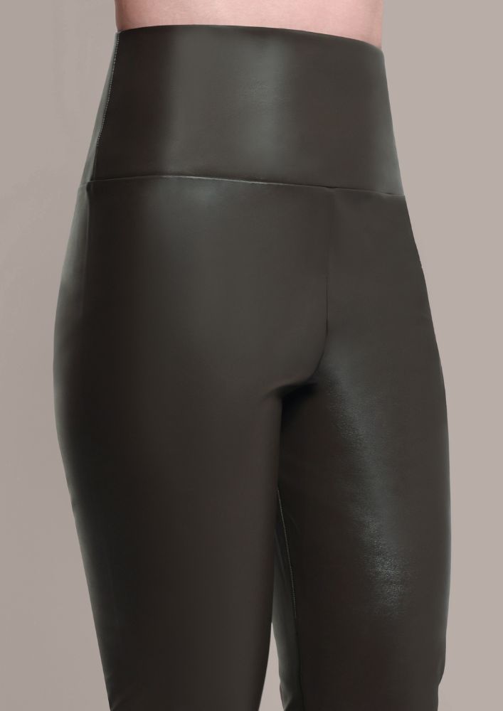 Olive Green Faux Leather High Waisted Leggings