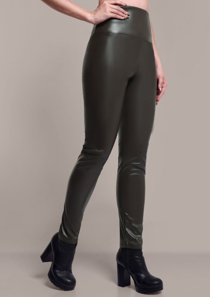 Olive Green Faux Leather High Waisted Leggings