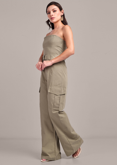 Pastel Green Off-Shoulder Cargo Jumpsuit