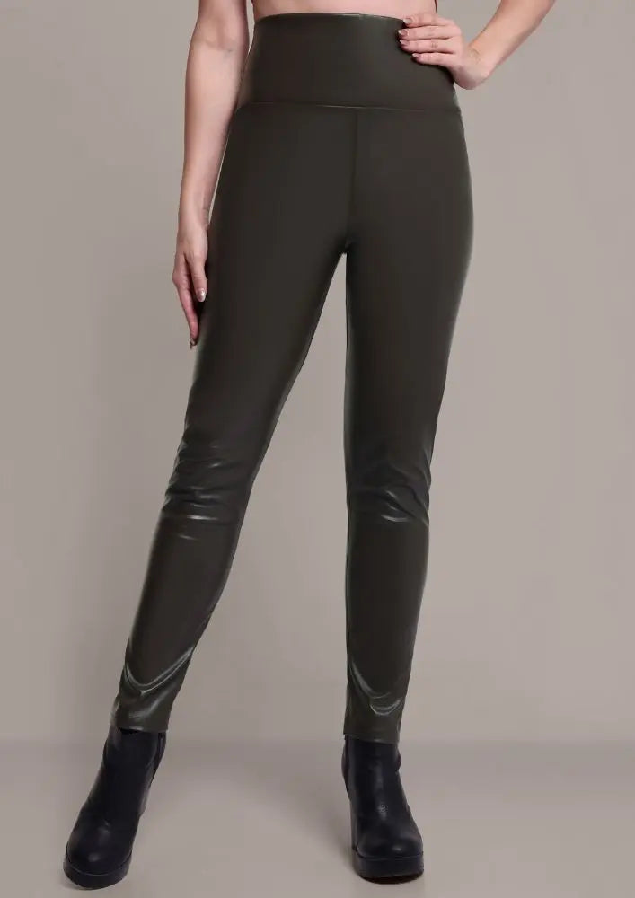 Olive Green Faux Leather High Waisted Leggings IKI CHIC Private Ltd