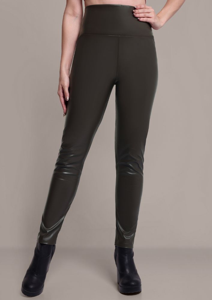 Olive Green Faux Leather High Waisted Leggings