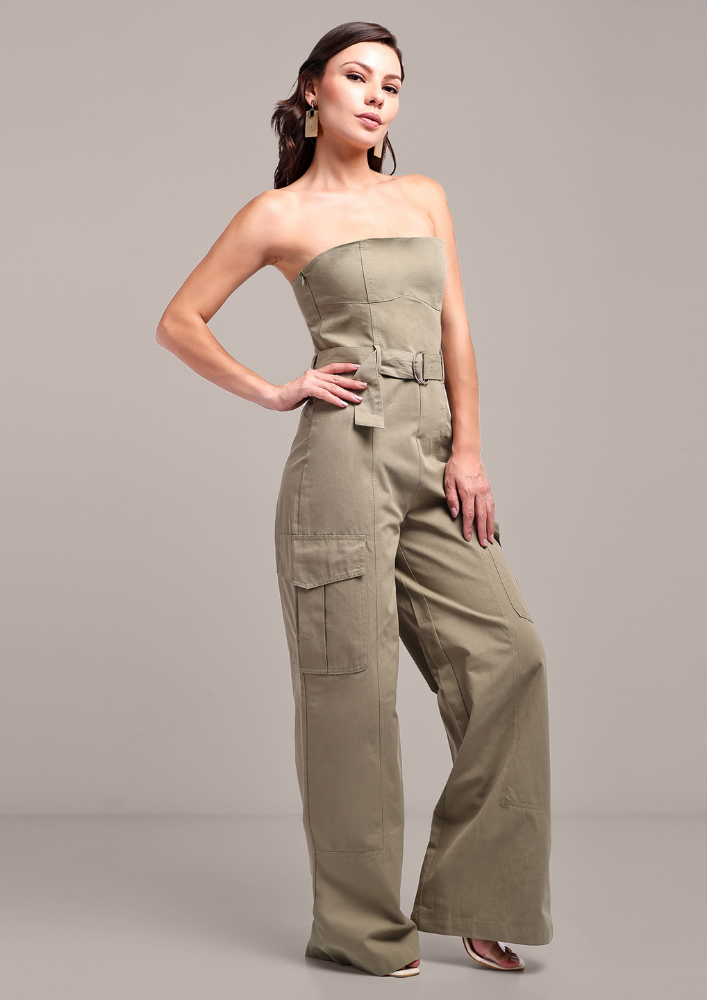 Pastel Green Off-Shoulder Cargo Jumpsuit