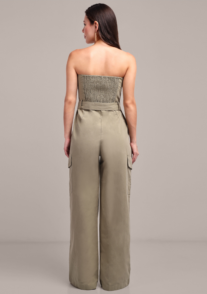 Pastel Green Off-Shoulder Cargo Jumpsuit