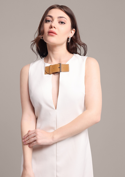 White V-Neck Sleeveless Mini Dress with Tie-Up Belt