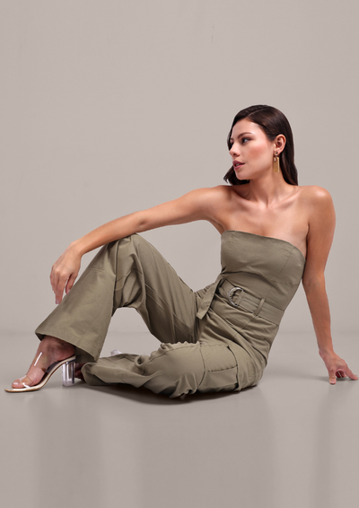 Pastel Green Off-Shoulder Cargo Jumpsuit