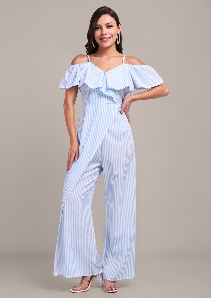 Chic Blue Stripe Off-Shoulder Jumpsuit