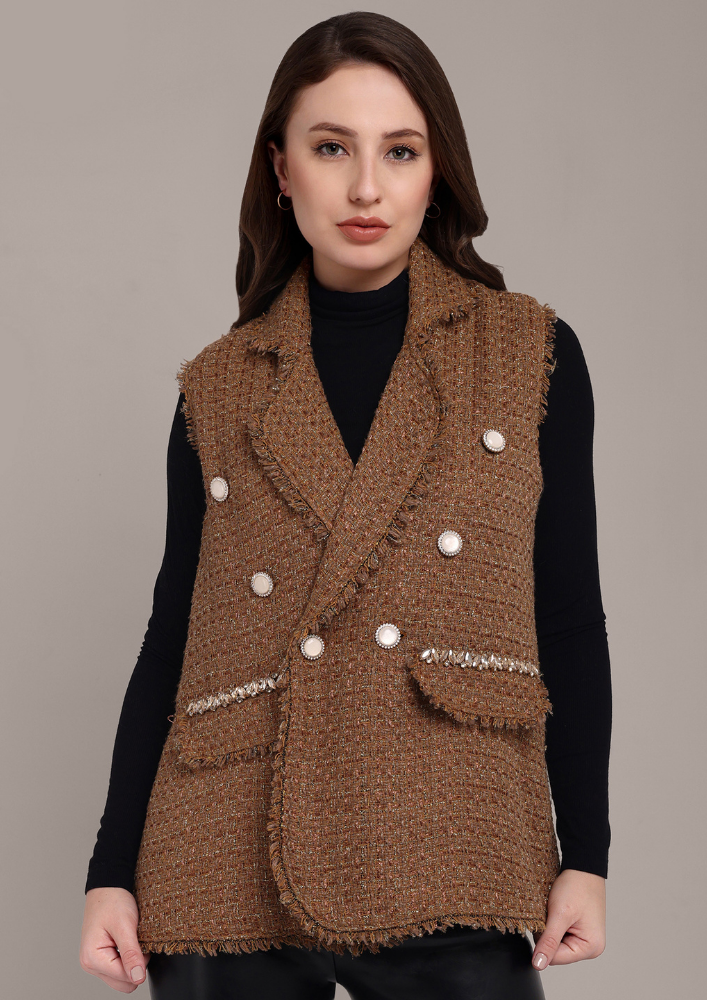 Mustard Tweed Vest with Flap Embellishment