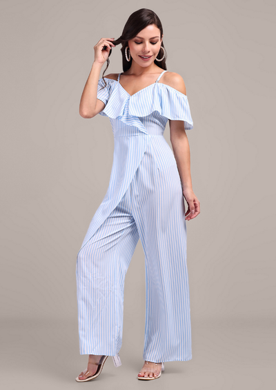 Chic Blue Stripe Off-Shoulder Jumpsuit