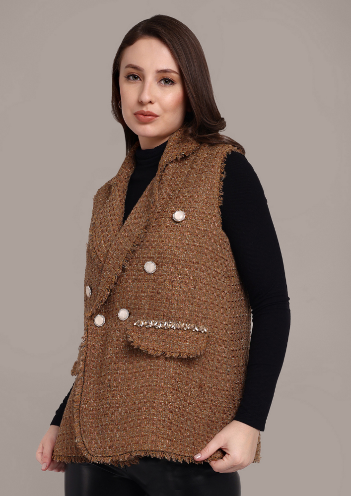 Mustard Tweed Vest with Flap Embellishment