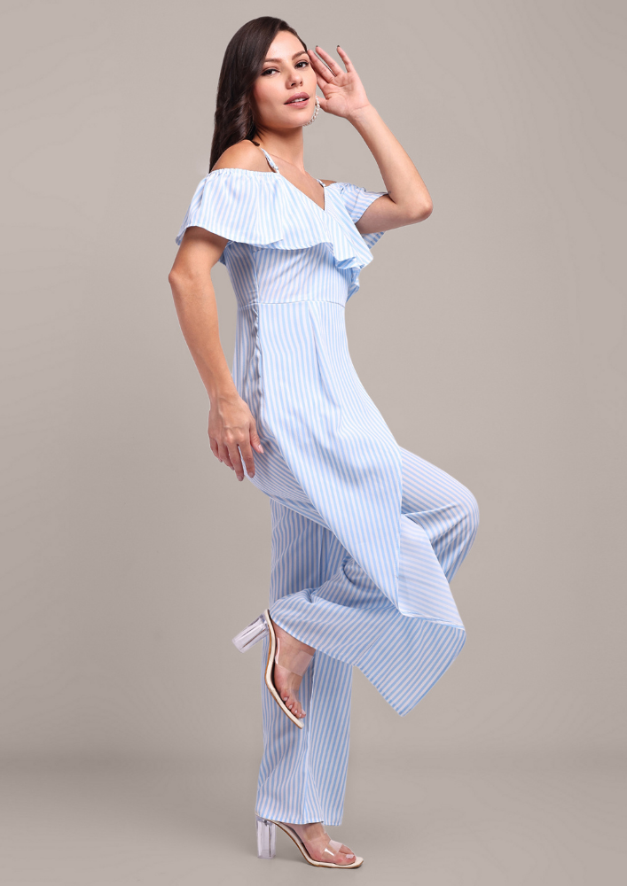 Chic Blue Stripe Off-Shoulder Jumpsuit