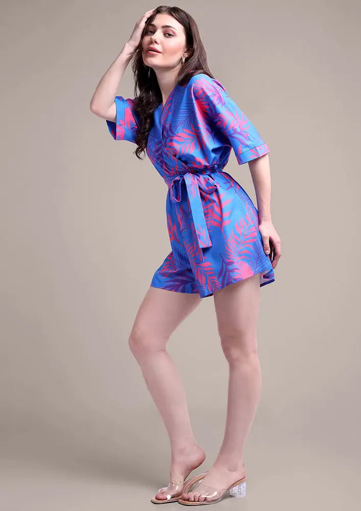 Blue Print V Neck Romper With Tie Up-Belt IKI CHIC Private Ltd