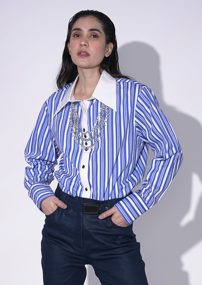 Blue Stripe Shirt with Swarovski Jewelry Design IKI CHIC Private Ltd.