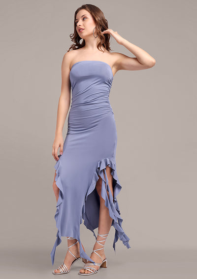 Blue Strapless Ruffle Fringe Dress