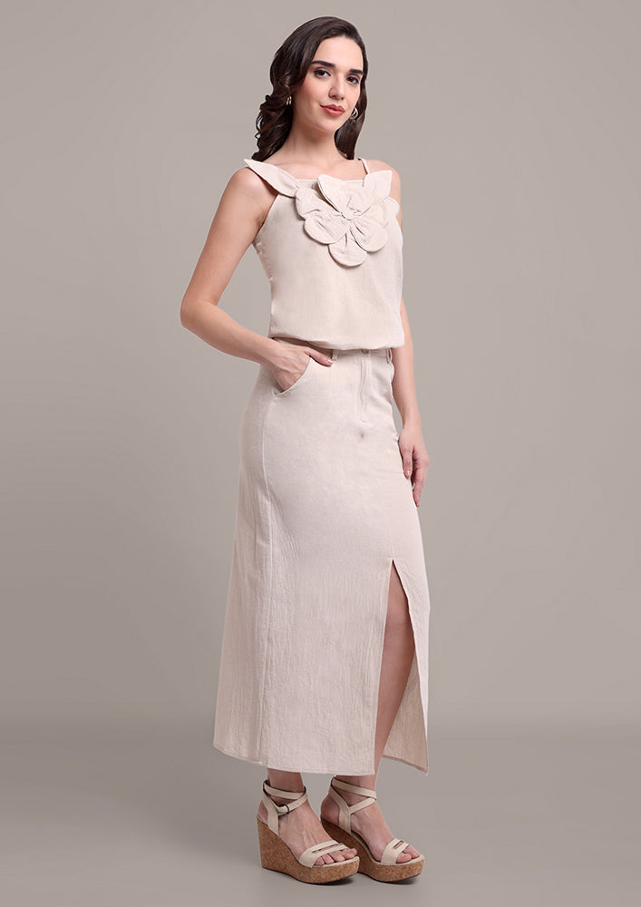 Beige Flower Strappy Top And Skirt Set IKI CHIC Private Ltd.