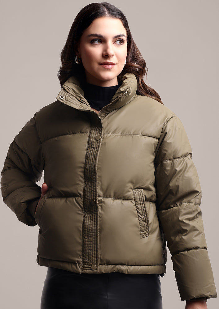 Olive Green Stand Collar Puffer Jacket