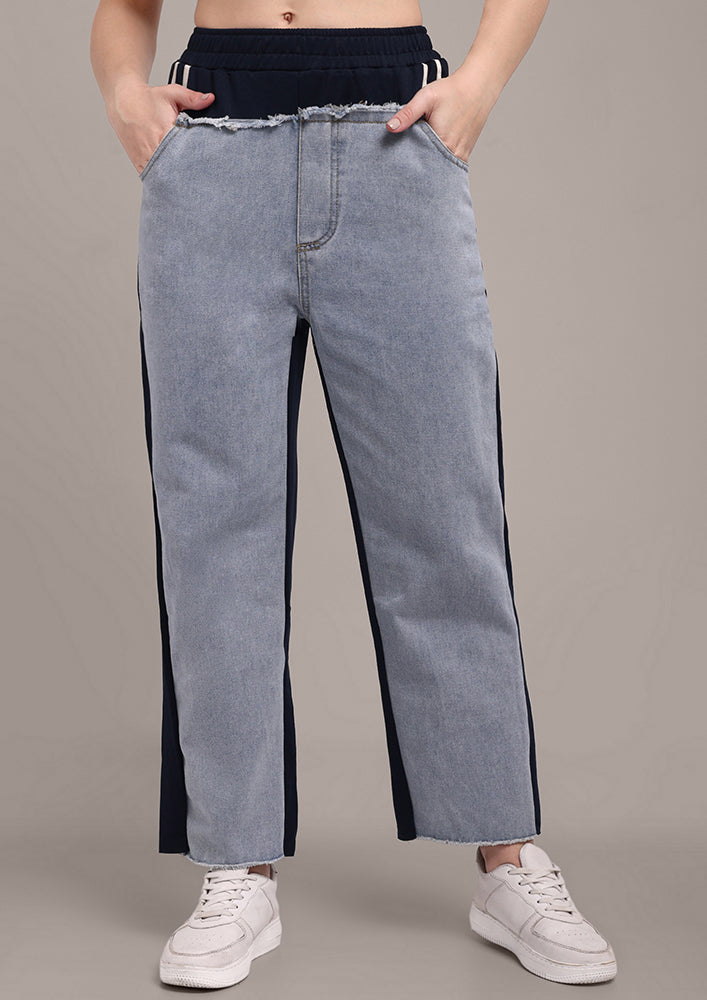 Navy Blue Trousers with Denim Front layer IKI CHIC Private Ltd.