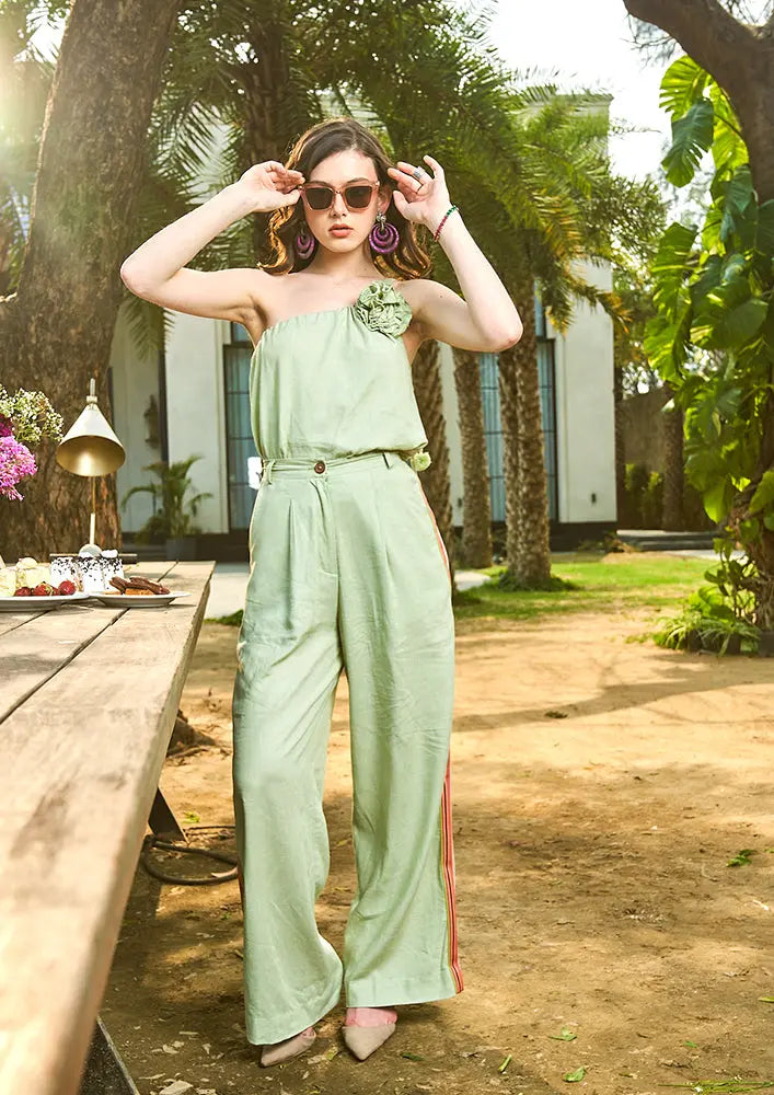 Pastel Green Tie Up Top With High Waisted Side Striped Pants IKI CHIC Private Ltd