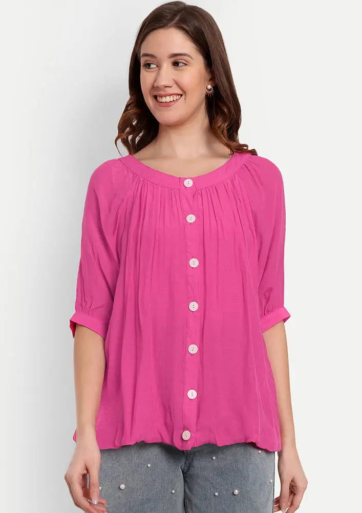 Pink Front Button-Up Shirt With Gather Detailing At Neck And Sleeves IKI CHIC Private Ltd