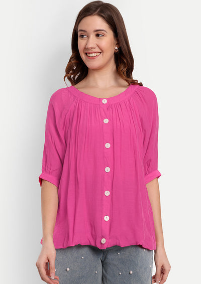 Pink Front Button-Up Shirt With Gather Detailing At Neck And Sleeves