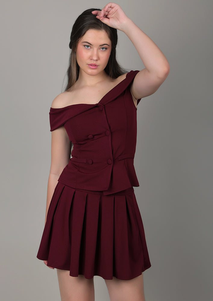 Burgundy Off-Shoulder top with Skirt IKI CHIC Private Ltd.