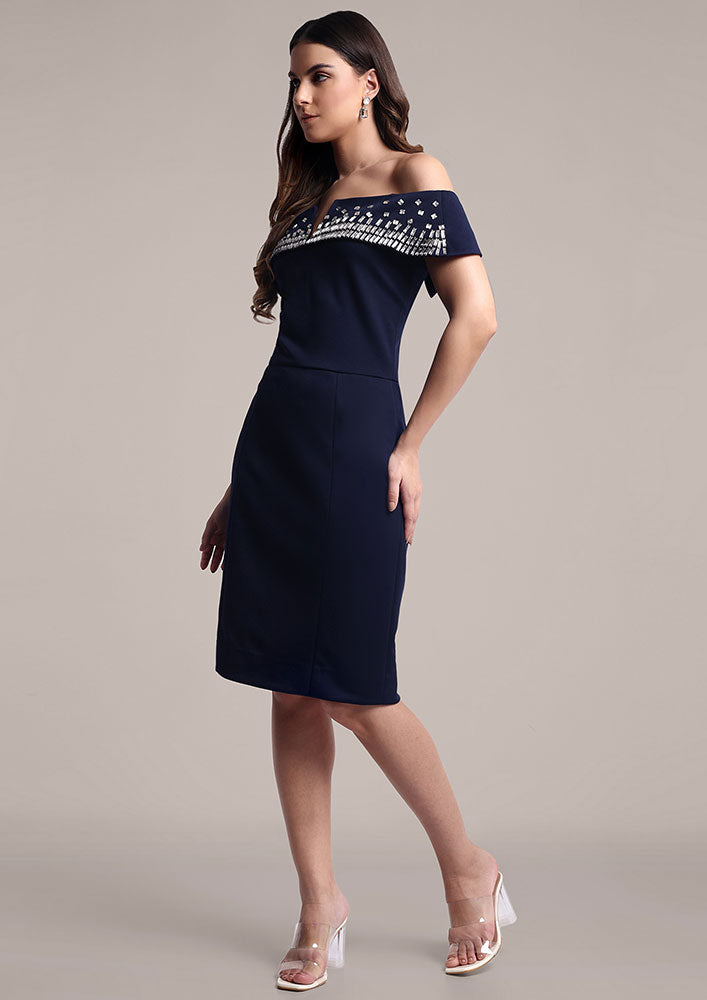 Blue Scuba Off-Shoulder Embellished Dress