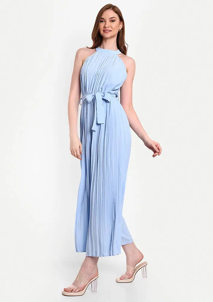 Blue Halter Neck Pleated Wide Leg Jumpsuit IKI CHIC Private Ltd