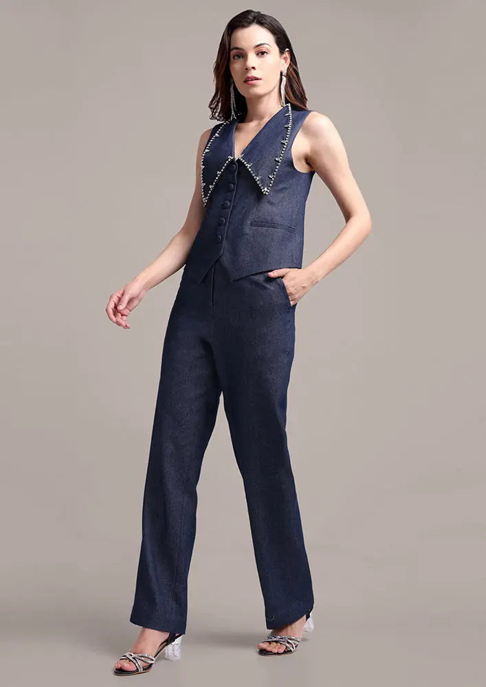 Embellished Lapel Collared Blue Denim Vest With High Waisted Pants Set IKI CHIC Private Ltd