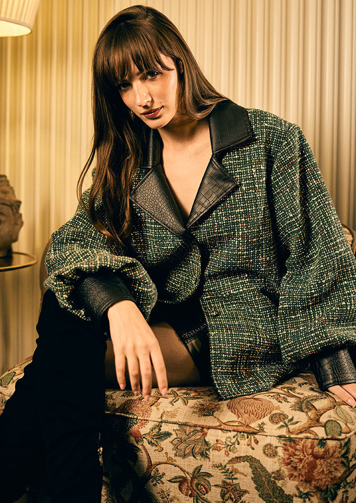 Green Tweed Bishop Sleeves With Leather Lapel Collar Detailed Jacket