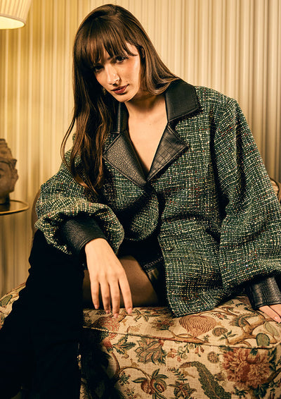 Green Tweed Bishop Sleeves With Leather Lapel Collar Detailed Jacket