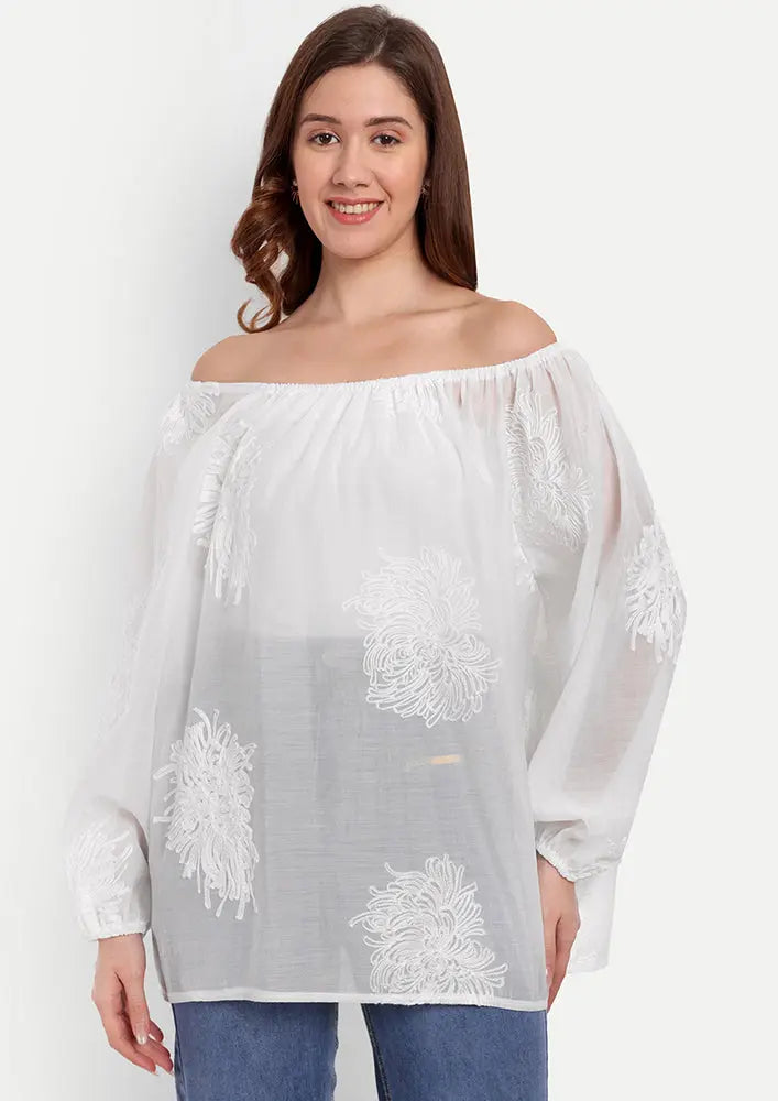 White Embroidered Blouse With Long Puff Sleeves IKI CHIC Private Ltd