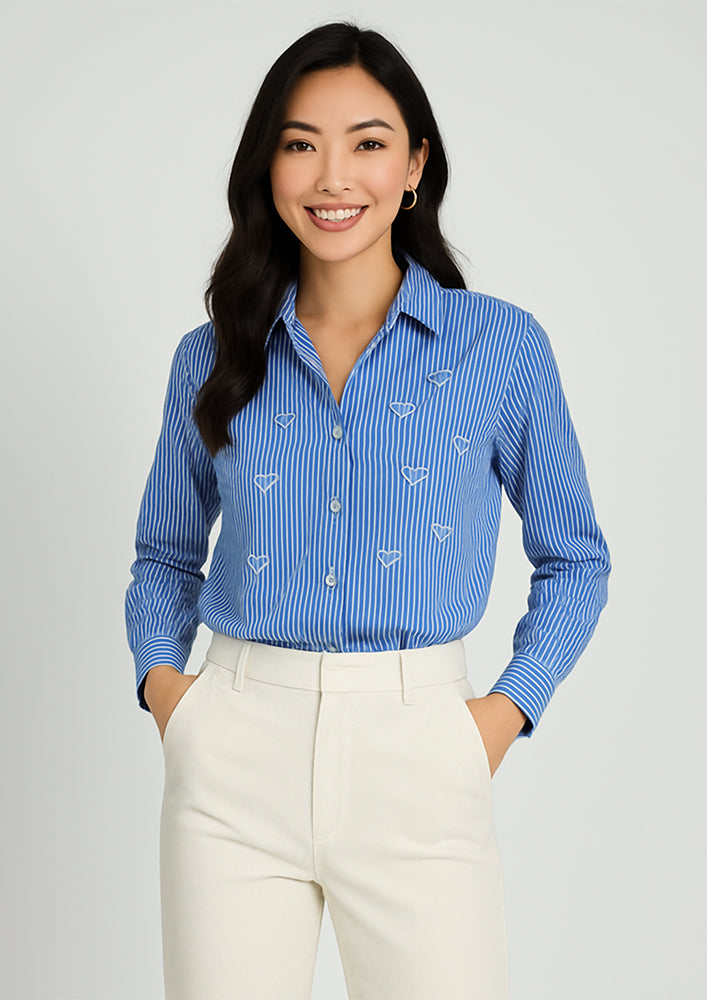 Blue Striped Shirt with Heart-Shaped Stone Work